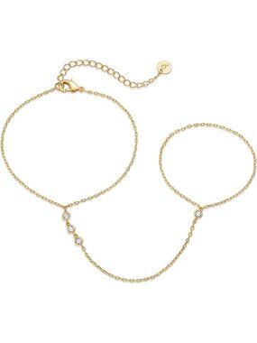 Stylish 14K Gold Plated Hand Chain Bracelet for Women, Adjustable Ring Design